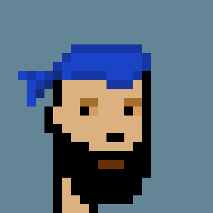 A pixel art portrait of a CryptoPunk-style character with blue hair and a tan face rendered in a low-resolution blocky style, set against a solid blue background, visually echoing the "Are punks dead?" caption by presenting a quintessential example of the iconic NFT avatar series.