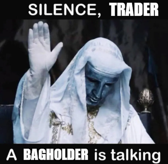 The image contains a person with a facial mask wearing white gloves and sitting inside of a castle-like room while holding a lever called a "Linn's Leverage", which has been linked to some form of trading. Below this image, there is a caption that says "A bagholder is talking". This message appears to be a humorous statement or joke related to the content in the photo.