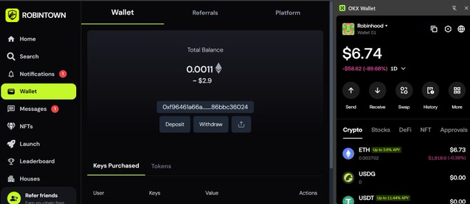 The image shows a Robintown Wallet interface displaying a total balance of 0.0011 ETH ($2.9) alongside an OKX Wallet showing a balance of $6.74, primarily holding ETH. The screens, showing minimal balances, contrast with the post's claim of "$8 made so far" and a bold goal of making "$500" through Robintown invites, highlighting the modest starting point before potential earnings.