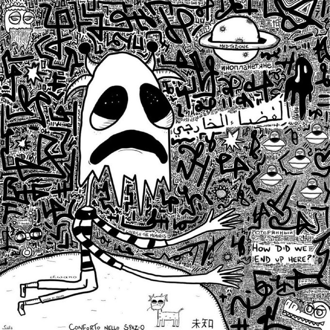 A chaotic black-and-white hand-drawn illustration featuring a sad ghost-like character surrounded by UFOs, alien figures, multilingual text including Russian and Arabic, and various doodles.