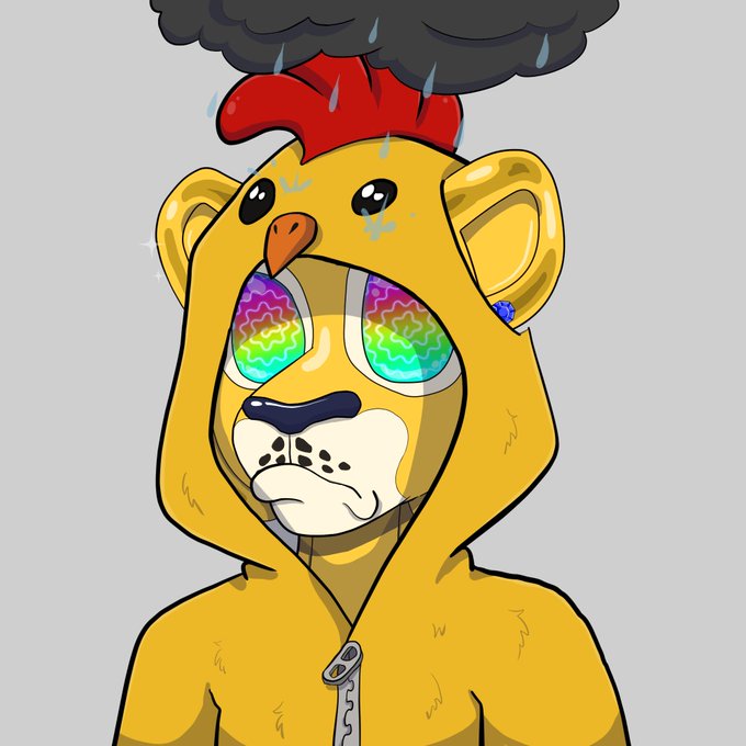 The image features a cartoon depiction of a chicken wearing a hoodie with a hood and goggles. The chicken appears to be sad or upset, as if it's crying. The background of the image is gray, which contrasts with the colorful elements on the chicken's face and hood. There are no texts present in the image.