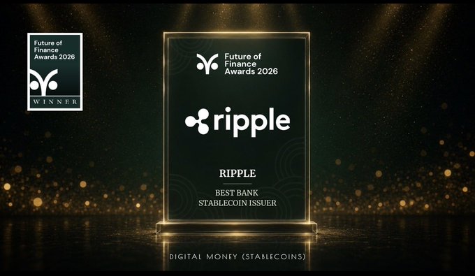 The image features a poster for the Future of Finance Awards, which was held in London in 2006. The poster showcases an award for Ripple, a cryptocurrency platform that allows users to send digital money across networks. The award is presented by Ripple itself, with the text "Best BANK Stablecoin Issuer".