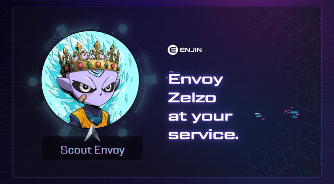 A promotional graphic for Enjin featuring a cartoon character labeled 'Scout Envoy' with the text 'Envoy Zelzo at your service.' on a dark purple hexagonal background.