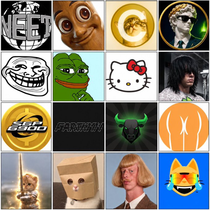 A 4x4 grid of popular meme images including "NEET," Trollface, Pepe the Frog, Hello Kitty, Hello Kitty's companion, S&P 500, FARTCOIN, a green bull logo, a cryptocurrency symbol, "Shut Up and Take My Money," DanTDM's cardboard box head, and the "Crying Cat" meme — representing various internet culture references, fictional people, and cryptocurrency tickers (S&P 500, FARTCOIN) that the poster is asking others how many they're "holding."