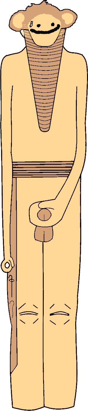 A cartoon illustration of a tan-colored humanoid figure with a monkey-like face, featuring prominent wrinkles and exaggerated anatomy.