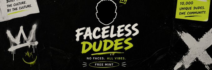 The image features a banner advertisement that reads "Faceless Dudes", accompanied by a logo of a person's face with a crown, suggesting an association with a fun or lighthearted theme. The banner also includes some text about the collaboration between Faceeless Dudes and @facelessdudez, which indicates they are working together on a project related to innovation, possibilities, and culture. Additional information is provided for those interested in learning more about this collaboration or its potential impact.