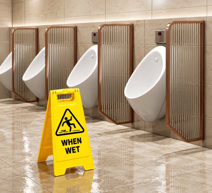 A yellow "WHEN WET" caution sign sits on a wet floor in a public restroom, warning of a slipping hazard in front of several white urinals.