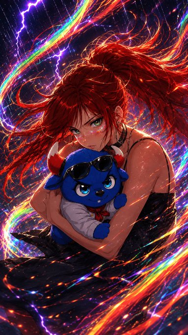 Vibrant anime-style illustration of a red-haired girl hugging a small blue devil character wearing sunglasses, surrounded by colorful lightning and energy effects.