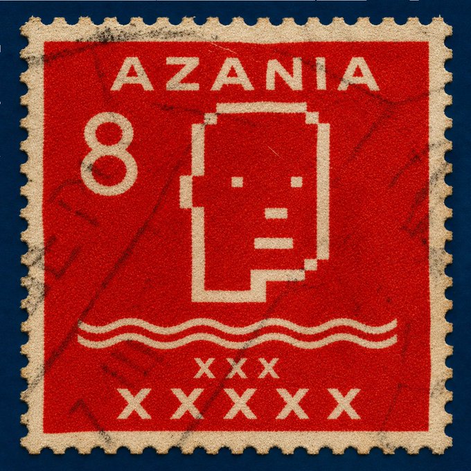A red vintage postage stamp with the word 'AZANIA' at the top, the number '8' on the left, and a pixelated face design above wavy lines and the text 'XXX XXXX'.