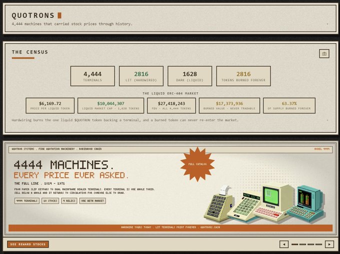 Screenshot of the QUOTRONS website showing 'The Census' dashboard for 4,444 machines with stats including $6,169.72 price, $10,044,307 liquid market cap, $27,418,243 FDV, and 63.37% of supply burned.