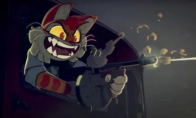 An illustration of a fierce cat-like character with a red hat firing a Tommy gun, from the animated series Lackadaisy.