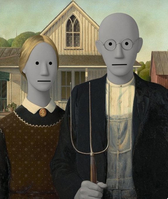 A modified version of Grant Wood's 'American Gothic' painting where the two figures have blank, gray, mannequin-like faces and dark, expressionless eyes.