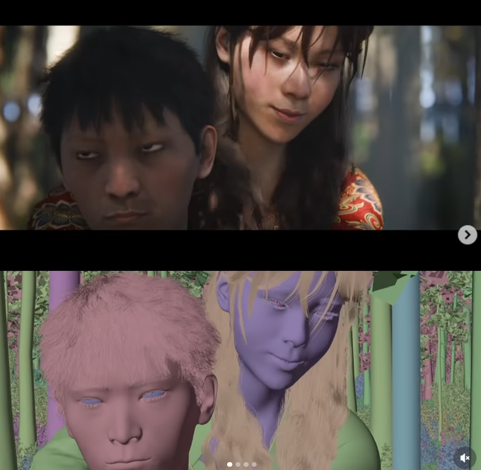 The image shows a split-screen comparison featuring a photorealistic rendering of two people in the top frame, with the same characters reimagined as colorful 3D animated figures (one pink-haired, one purple-skinned with blonde hair) in a vibrant green forest setting below. This demonstrates how users can creatively transform human likenesses into stylized animated characters using Octa Space's platform, supporting the post's point about the variety of content creators are producing with the product.