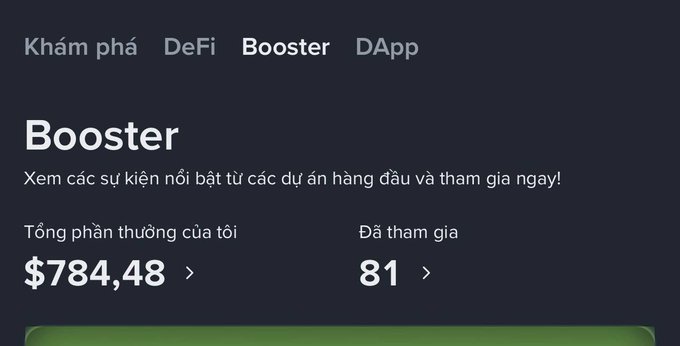 A dark-themed app screen in Vietnamese for 'Booster' showing a total reward of $784,48 and 81 events participated.