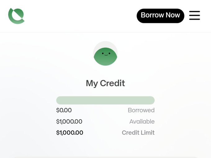A mobile app screen titled 'My Credit' shows $0.00 Borrowed and $1,000.00 Available out of a $1,000.00 Credit Limit, with a 'Borrow Now' button.