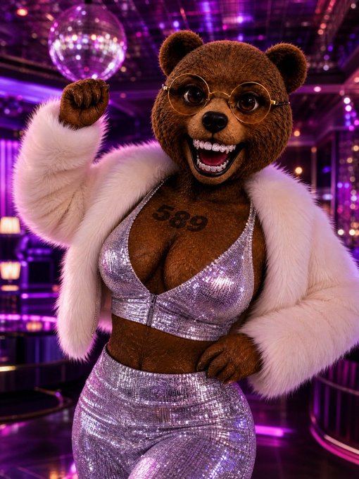An anthropomorphic brown bear character wearing round glasses, a silver sequined two-piece outfit, white fur stole, and displaying a tattoo of '589' on its chest.