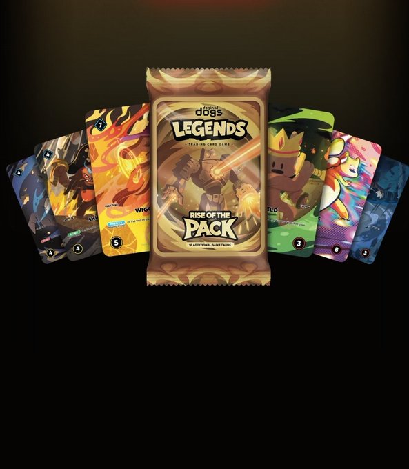 A promotional image for "DOGS LEGENDS" trading card game showing a central booster pack labeled "RISE OF THE PACK" with several colorful cards fanned out behind it.