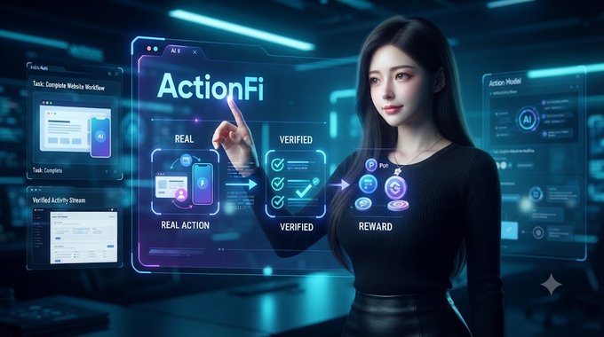 Futuristic scene showing a woman interacting with holographic displays featuring 'ActionFi' with labels like 'Action Model', 'REAL ACTION', 'VERIFIED', and 'REWARD'.