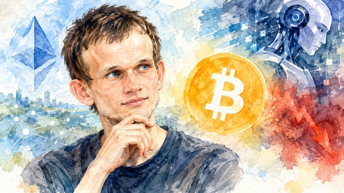 A watercolor-style portrait of Vitalik Buterin, Ethereum co-founder, depicted in a contemplative pose with his hand on his chin, surrounded by the Ethereum logo, a golden Bitcoin symbol, an AI robot figure, and a downward red price chart—visually representing his rebuttal of the AI-driven Bitcoin crash prediction and his bold financial stance against it.