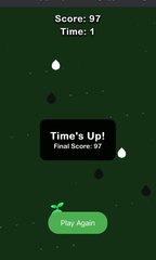 A retro low-resolution video game screen showing 'Time's Up!' with a score of 90, time of 1, and a green 'Play Again' button on a dark background.