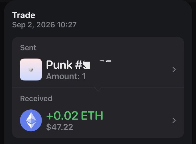 A mobile screen displays a Robinhood trade notification dated Sep 2, 2026, showing a Punk NFT sent in exchange for +0.02 ETH ($47.22) received. This confirms the post's transaction of selling one of their rare Robinhood Punks NFTs at 0.02 ETH.