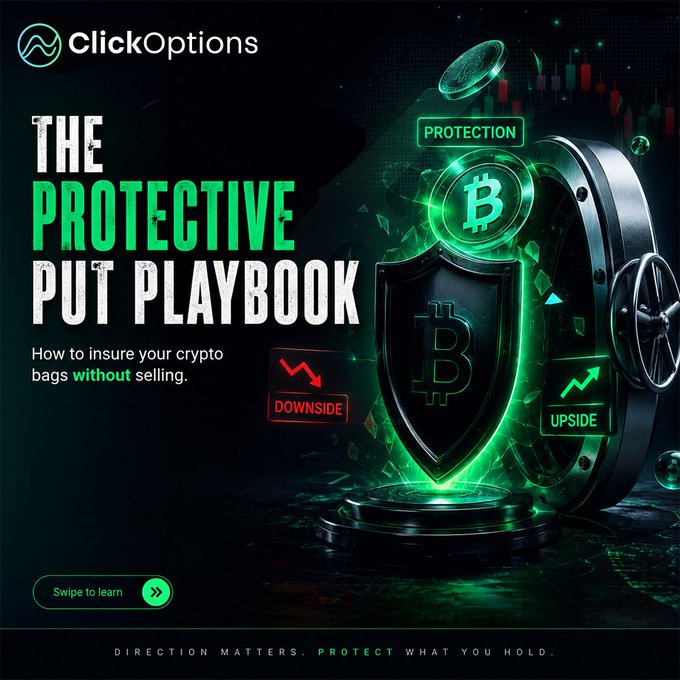 A promotional graphic for ClickOptions titled 'THE PROTECTIVE PUT PLAYBOOK' with the subtitle 'How to insure your crypto bags without selling,' featuring a Bitcoin shield inside a vault with 'PROTECTION', 'DOWNSIDE', and 'UPSIDE' labels.