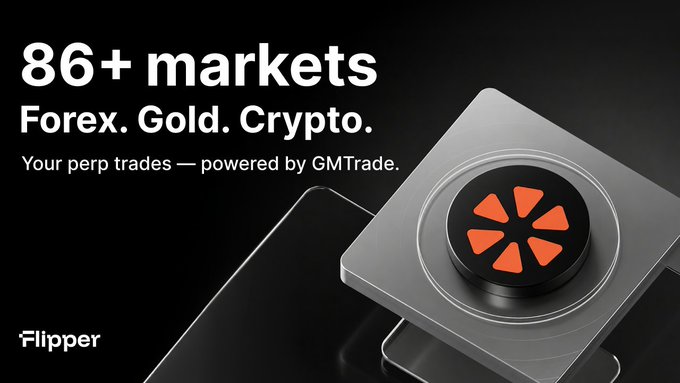 A promotional banner for Flipper advertising 86+ markets for perpetual trading, featuring the tagline 'Forex. Gold. Crypto. Your perp trades — powered by GMTrade.'