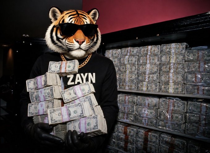 A person in a tiger mask and sunglasses wears a black hoodie reading "ZAYN," holding stacks of $50 bills in front of a massive wall of bundled cash, reinforcing the image's portrayal of the giveaway's promised winnings.