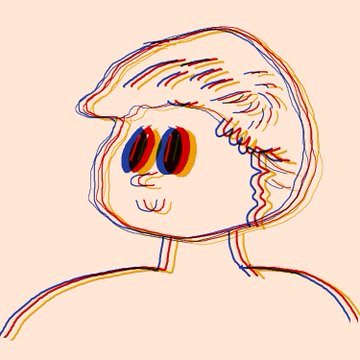 A colorful glitch-effect digital sketch of a cartoon character's head with large, distorted red and blue eyes on a beige background.