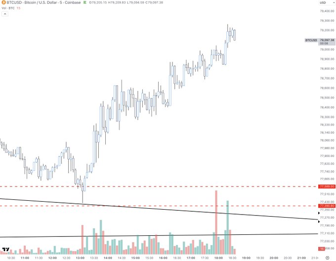 A TradingView 5-minute BTC/USD chart on Coinbase shows Bitcoin sharply rallying from ~$77,400 to a high of $79,400 before pulling back to $79,097, with the recent "lol wtf" post likely reacting to the explosive, near-vertical spike and subsequent sharp rejection that broke above key resistance levels around $77,650–$77,810.