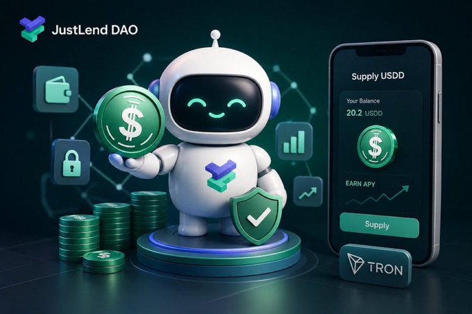JustLend DAO promotional graphic featuring a white robot mascot holding a green USDD coin, next to a smartphone interface showing a USDD supply screen with 20.2 USDD balance and a TRON logo.
