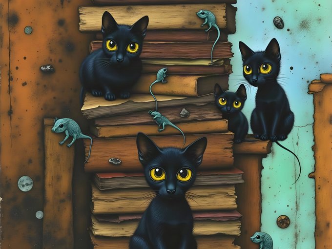 An illustration featuring three black cats with bright yellow eyes perched on a stack of old books, accompanied by small lizards and mice.