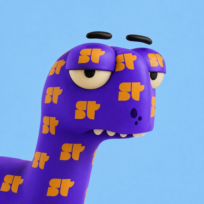 A 3D rendering of a purple, cartoonish snake-like creature with orange 'st' symbols covering its body, set against a light blue background.
