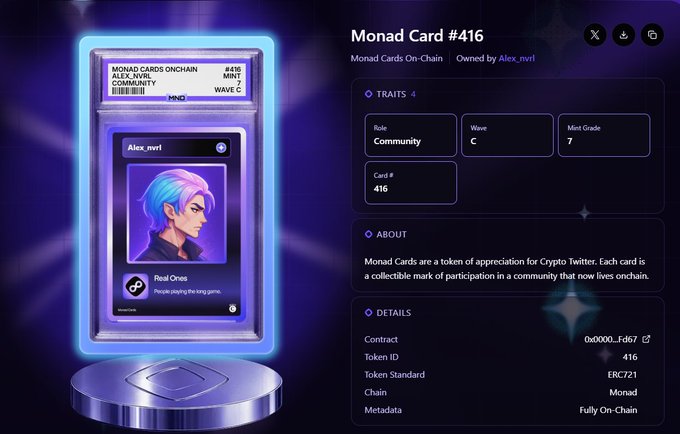 Monad Card #416, a community-role NFT owned by Alex_nvrl, displayed on an on-chain digital showcase with details including Mint Grade 7, Wave C, and token ID 416 on the Monad chain, paired with a thank-you message celebrating the unified community's readiness to reach new heights together.