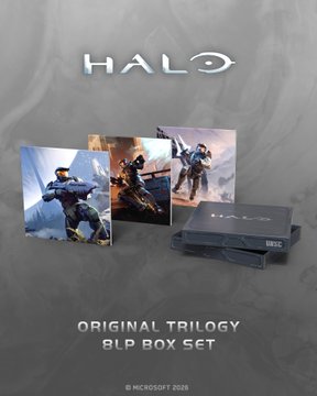 The image shows the "Halo Original Trilogy RIP Box Set," a Microsoft product featuring artwork of Master Chief and what appears to be an Xbox console designed to look like an original Xbox, with copyright text reading "© Microsoft 2026." The set pays homage to the classic Halo games, tying into the post's tongue-in-cheek encouragement to defy Marty (likely referencing former Halo composer Marty O'Donnell) and buy it out of patriotism.