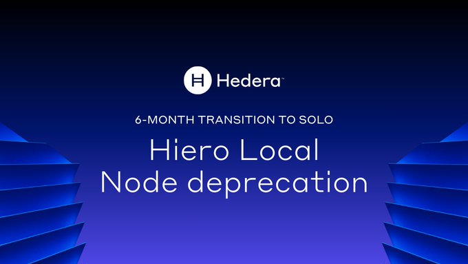 A Hedera announcement graphic with a blue background reading "6-MONTH TRANSITION TO SOLO: Hiero Local Node deprecation."