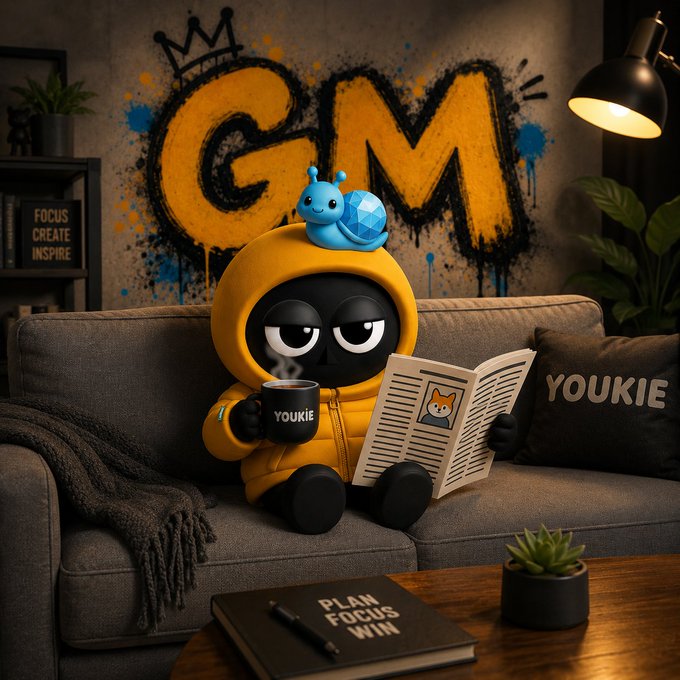 A digital illustration of a character wearing a yellow hoodie with 'YOUKIE' on it, sitting on a couch and reading a newspaper while holding a steaming mug, with 'GM' graffiti on the wall behind them.
