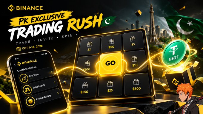 A promotional graphic for a 'BINANCE PK EXCLUSIVE TRADING RUSH' event running 'OCT 1-14, 2026', featuring a spinning prize wheel with gift amounts, the Pakistani flag, and a stylized anime character.