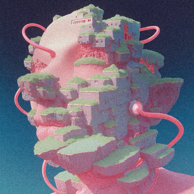 A surreal digital artwork features a floating, terraced island with mossy green plateaus, small architectural structures, and winding red cables or tubes spiraling around and through it against a dark teal background.

The image's dreamlike, otherworldly aesthetic—reminiscent of Studio Ghibli's floating landscapes—aligns with the post's promotion of an NFT drop ("OE 24 Hours - 5 xtz"), evoking the imaginative, fantastical themes often explored in the "Within" collection.