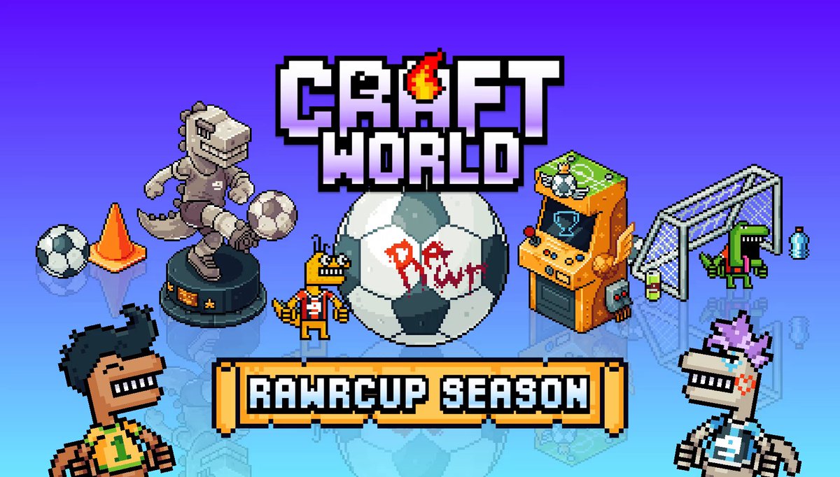 The image features a cartoon character with a dinosaur head holding a soccer ball. The background of the image has a blue color scheme with white text that reads "Craft World Rawr Cup Season" along with some other text. There are also several small figures, including a person and a dinosaur, in various positions throughout the image.