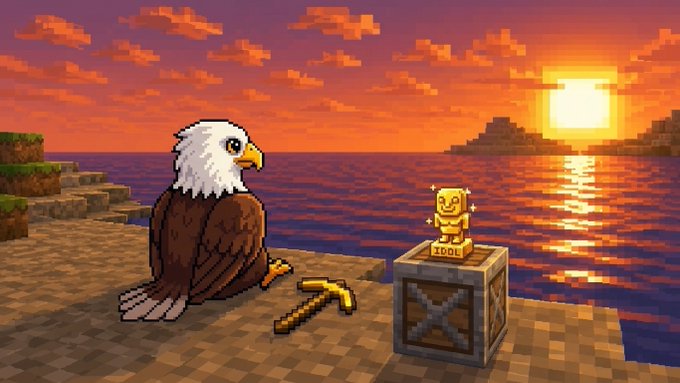 A pixel-art Minecraft-style scene featuring a bald eagle next to a golden 'IDOL' trophy on a pedestal, set against a vibrant sunset over the ocean.