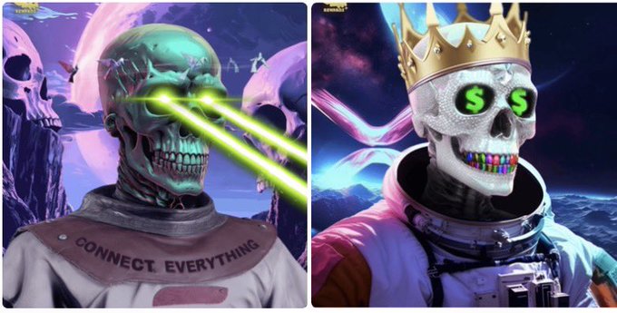 The image shows two stylized skeletal figures—one green zombie-like skull shooting green laser beams from its eyes with the text "CONNECT. EVERYTHING" on its collar, and another diamond-encrusted skull wearing a gold crown with dollar signs in its eyes and multicolored teeth. These represent NFT collectibles likely sold to earn approximately 18,000 WFLR (Wrapped Flare tokens), as referenced in the caption.