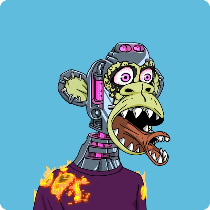 A wild, cartoonish ape character with cybernetic implants, glowing pink eyes, and a menacing toothy grin appears with flames burning across its purple shirt. The image complements the "Gm gm fam! HMM!" post as a typical crypto/NFT meme featuring an intense, hyped-up monkey mascot.