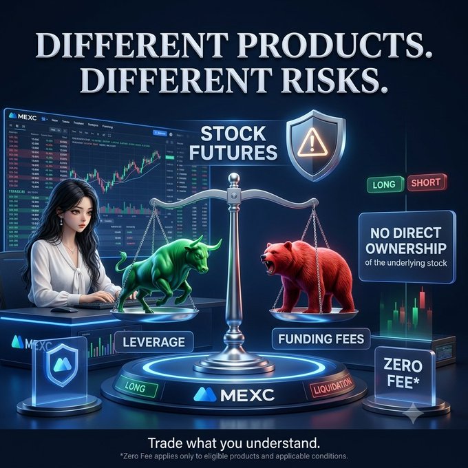 A promotional advertisement for MEXC exchange titled 'DIFFERENT PRODUCTS. DIFFERENT RISKS.' explaining stock futures trading with a bull/bear scale, featuring labels like 'LEVERAGE', 'FUNDING FEES', 'LONG', 'SHORT', and 'NO DIRECT OWNERSHIP of the underlying stock'.