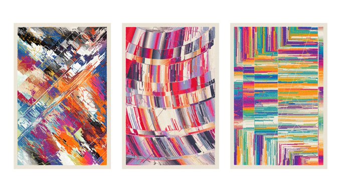 Three vibrant abstract artworks displayed side by side, each featuring colorful geometric patterns with diagonal stripes, curved linear bands, and rectilinear blocks in hues of red, pink, blue, yellow, and black. The triptych showcases "CONTINUUM" by lammetje_nl, previewing the variety of algorithmic generative artworks launching on Art Blocks Studio on July 23.