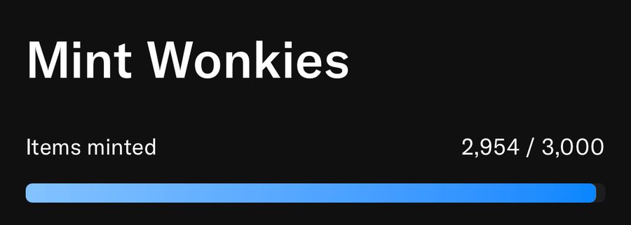 A digital counter for "Mint Wonkies" showing 2,954 of 3,000 items minted, with a nearly full blue progress bar indicating the collection is almost sold out. The image illustrates the rapid mint-out referenced in the caption, which notes the collection sold out in just 9 minutes.