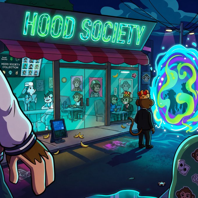 A vibrant illustration of the "HOOD SOCIETY" storefront at night, featuring a neon sign, a character in a crown gazing into a swirling portal, and monkey-themed characters inside, with bananas and playing cards scattered around—imagery that matches the playful, NFT collectible branding of @HoodSocietys.