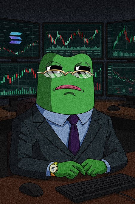 A cartoon-style image of a Pepe the Frog character wearing a business suit, purple tie, and sunglasses, sitting at a desk in front of multiple monitors displaying crypto/stock trading charts.