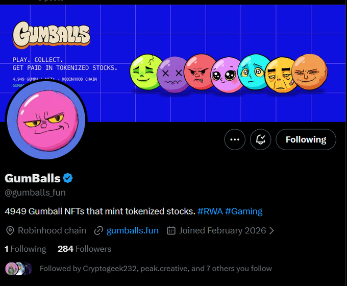 A screenshot of a Twitter/X profile for @gumballs_fun showing 4949 GumBall NFTs on Robinhood chain with hashtags #RWA #Gaming, featuring colorful gumball character artwork.