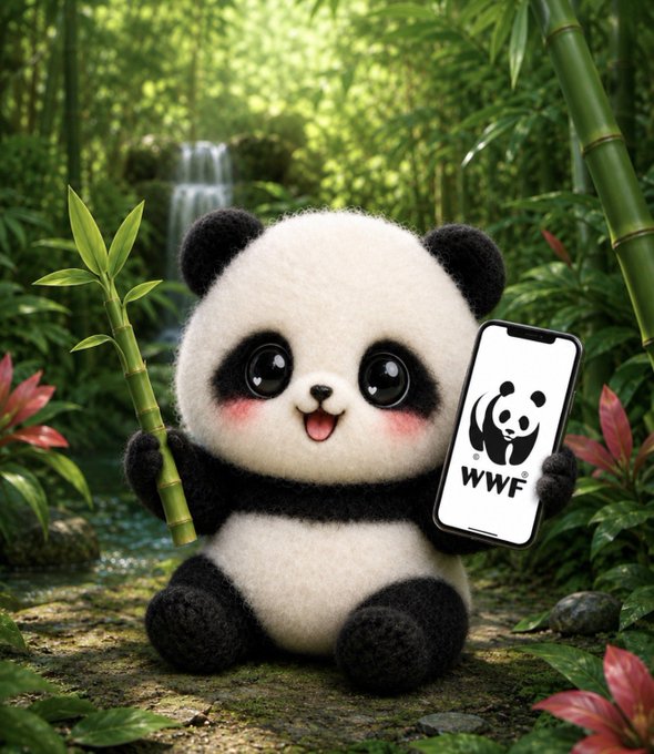 A cute, fluffy cartoon panda sitting in a lush bamboo forest holding a smartphone displaying the WWF (World Wildlife Fund) logo.